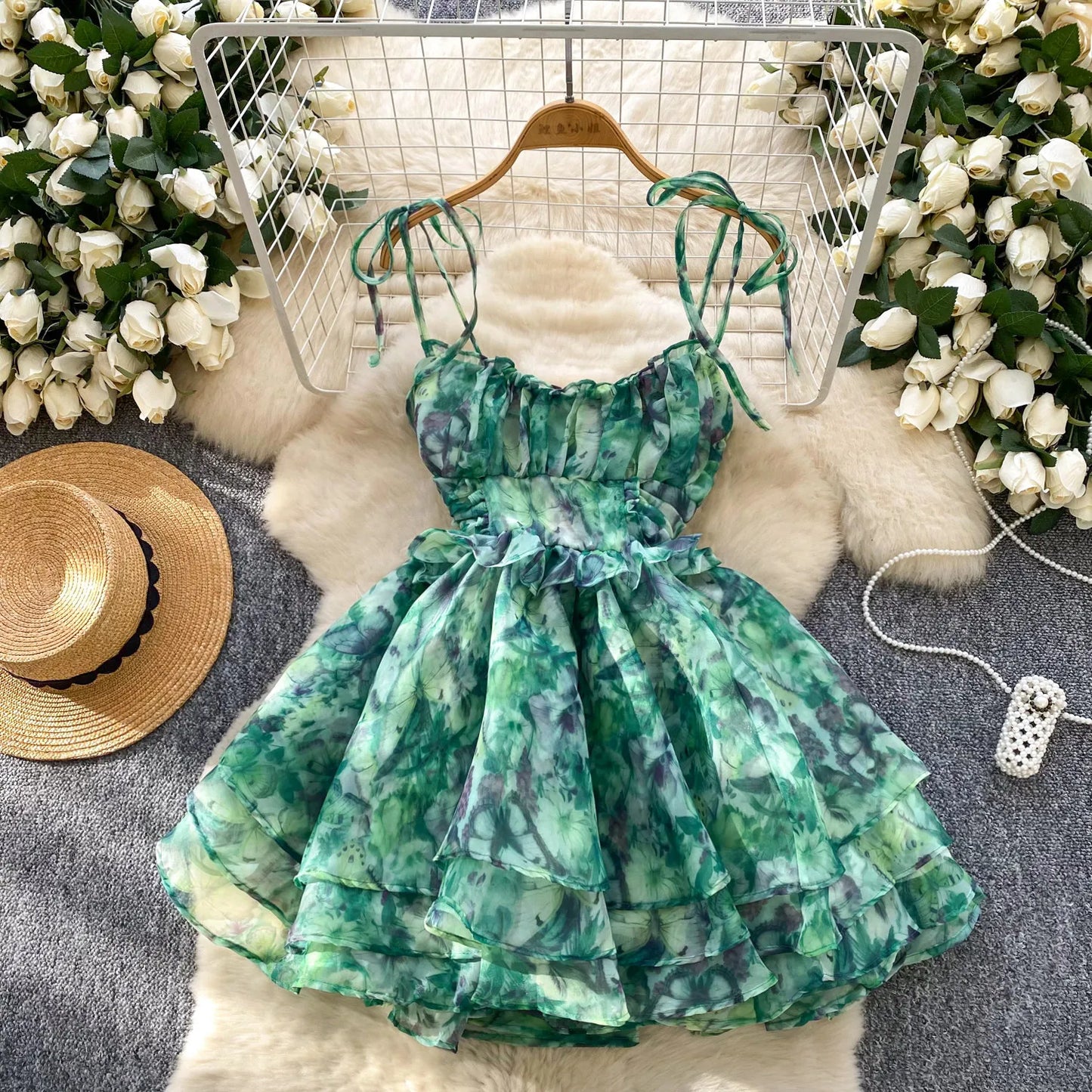 SINGREINY Holiday Print Flowy Birthday Dress Women Strap Butterfly Vacation Cake Sundress Organza Luxury Party Short Dress