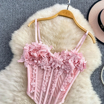 Slimming Floral Lace Crop Top Women's Summer Fashion Fishbone Design Strap Vest Breathable Short Style Sexy European Style