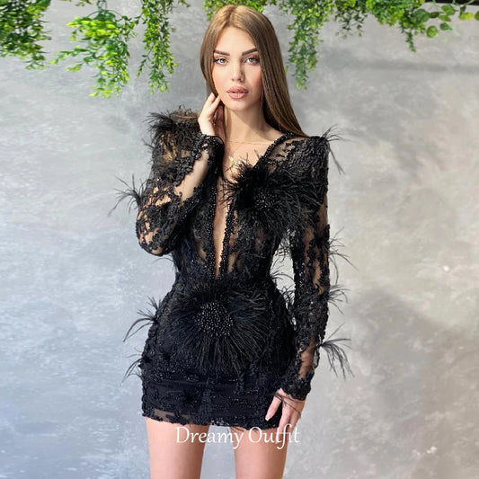 Dreamy Customized ﻿﻿ Evening Dress Women's Dress with Beaded Embroidery Feather Sleeves Sexy VCollared Dress for Banquet Party