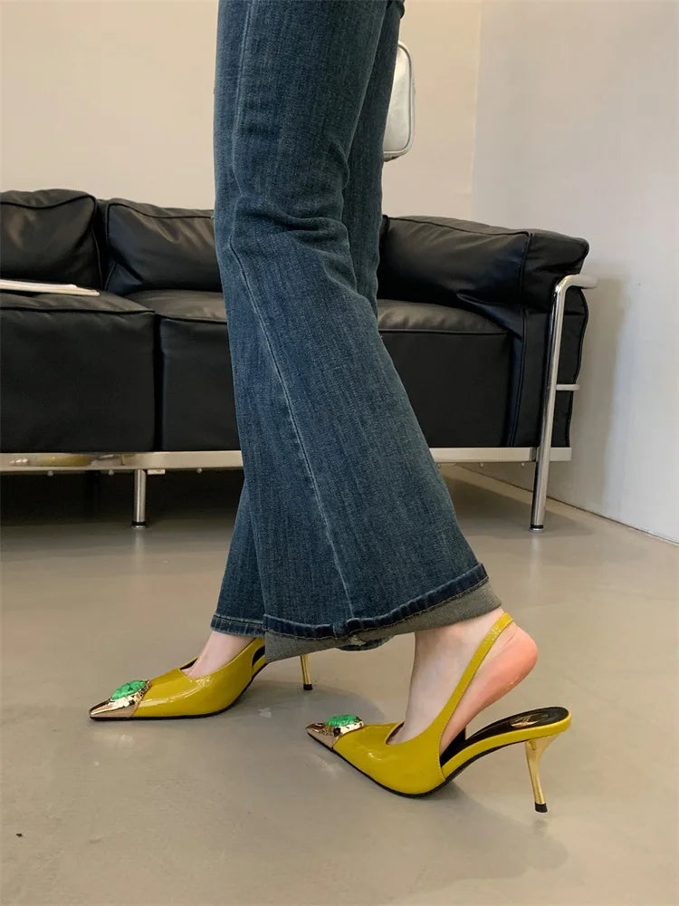 Eilyken Street Style Design Inlay Diamonds Woman Pumps Sandals Elegant Sexy Thin Heels Pointed Toe Banquet Prom Slingbacks Shoes