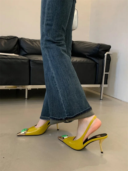 Eilyken Street Style Design Inlay Diamonds Woman Pumps Sandals Elegant Sexy Thin Heels Pointed Toe Banquet Prom Slingbacks Shoes