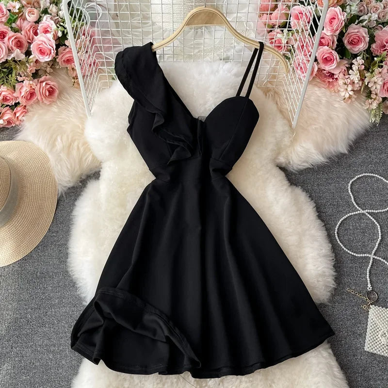 Ins Fashion Sexy Backless One Shoulder Strap Club Dress Chic High Waist A-line Mini Dress Women Red Party Dress