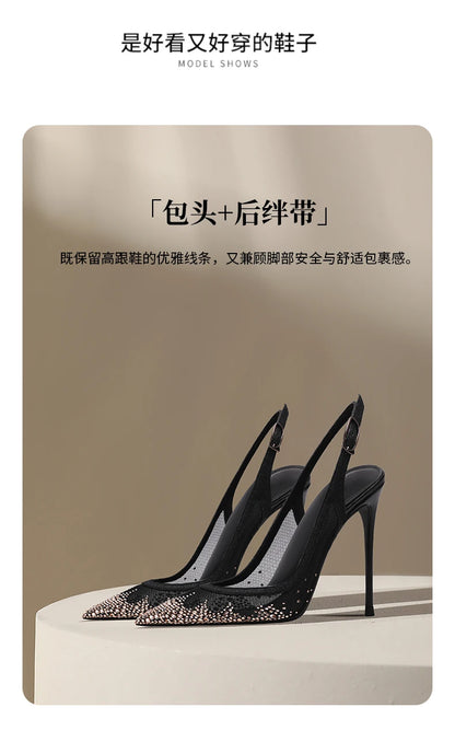 New Baotou sexy sandals with one buckle and summer mesh, rhinestone high heels for women, slim heels, shallow mouth