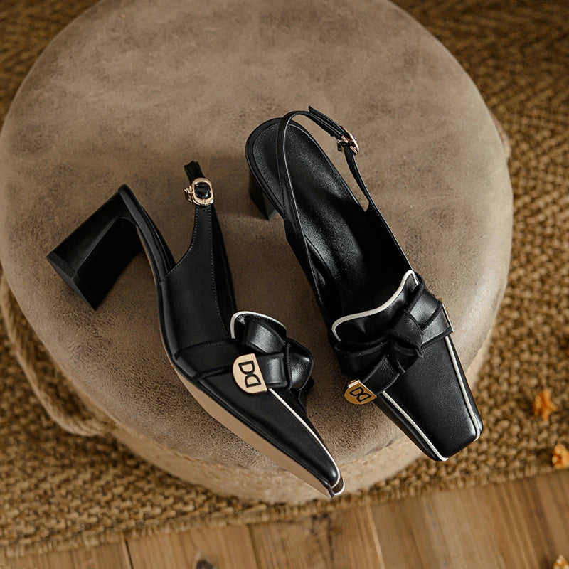 Dilalula 2025 French Style Genuine Leather Sandals Women Covered Toe Butterfly Knot Party Dating Sandals Office Ladies Pumps