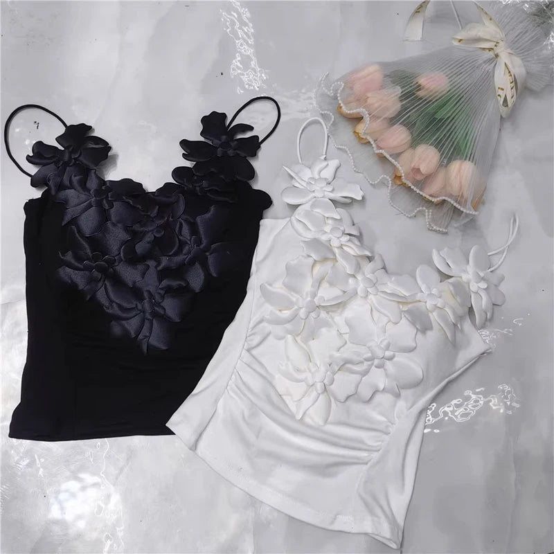 Summer New Style Women's White Strap Vest Gentle Wind 3D Flower Decoration Slim Fit Inner Wear Folded Design Outerwear Top