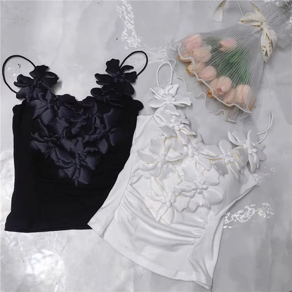 Summer New Style Women's White Strap Vest Gentle Wind 3D Flower Decoration Slim Fit Inner Wear Folded Design Outerwear Top