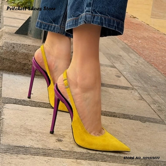 Women's Patchwork Slingback Pumps Elegant Shallow Buckle Strap Suede High Heels Pointed Toe Thin Heels Plus Size Footwear