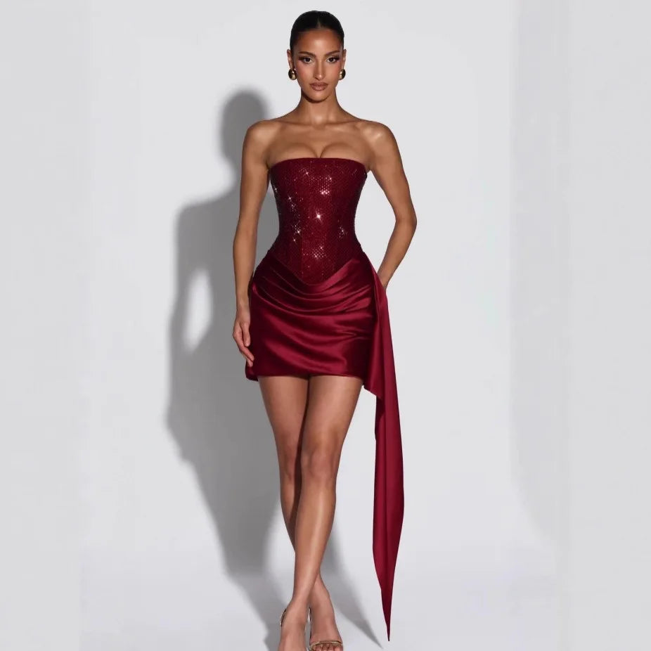 Suninheart Luxury Elegant Strapless Dress Corset Vestidos Sexy Red Satin Draped Dress Mini Women Wedding Cocktail Party Dresses