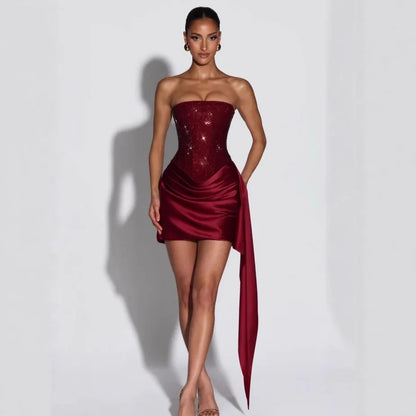 Suninheart Luxury Elegant Strapless Dress Corset Vestidos Sexy Red Satin Draped Dress Mini Women Wedding Cocktail Party Dresses