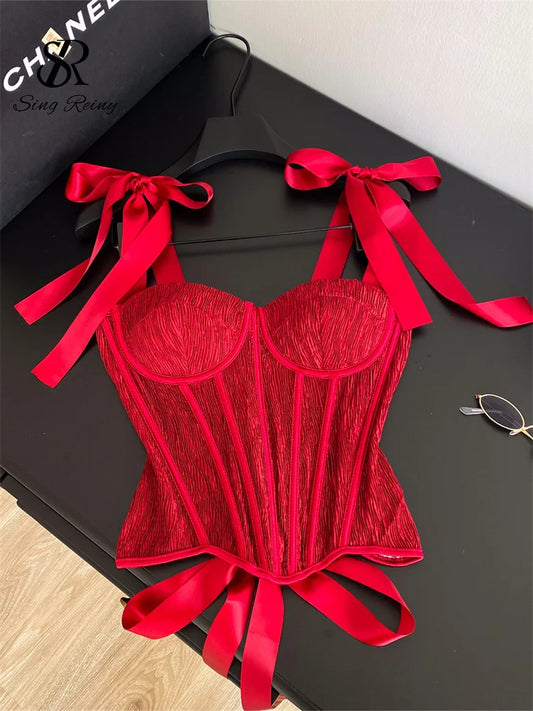 SINGREINY Luxury Party Corset Top Ladies French Style Lace Up Texture Senior Sexy Camisole Summer Retro Sensual Bodycon Tank Top
