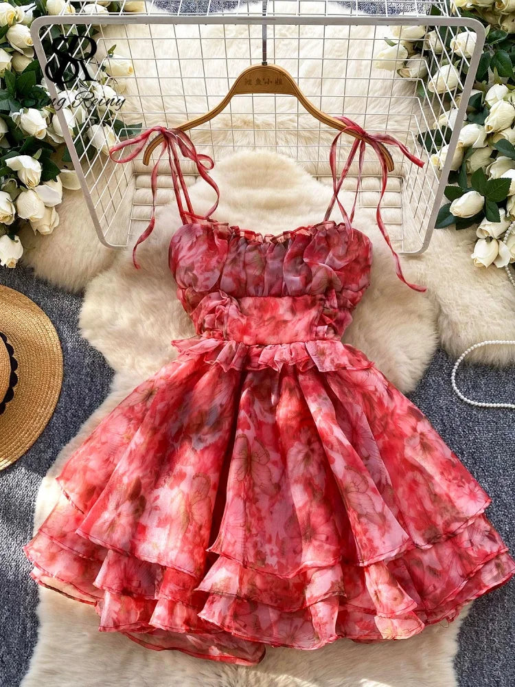 SINGREINY Holiday Print Flowy Birthday Dress Women Strap Butterfly Vacation Cake Sundress Organza Luxury Party Short Dress