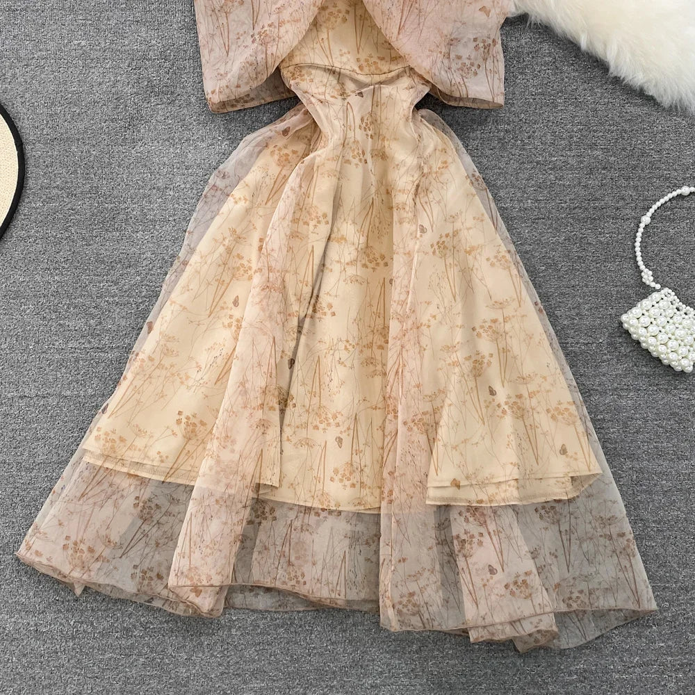 Women Elegant Bow Sexy Chiffon Print A-line Dress Summer One Shoulder High Waist Slim Vintage Seaside Party Vacation Robe