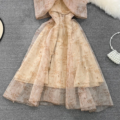 Women Elegant Bow Sexy Chiffon Print A-line Dress Summer One Shoulder High Waist Slim Vintage Seaside Party Vacation Robe