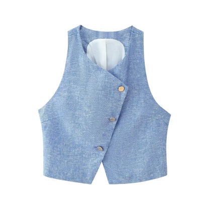 HH Women Elegant Flax 2-piece Suit Sleeveless Button Decoration Solid Vest+Summer Pocket Loose Belt Zipper Wide Leg Pants