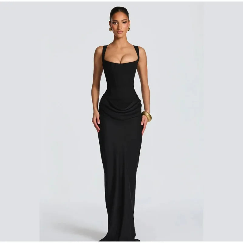 Women Sexy Square-neck Halter Mini Dress 2025 Pleated Sleeveless Backless High Waist Bodycon Dresses New Summer Lady Party Robes