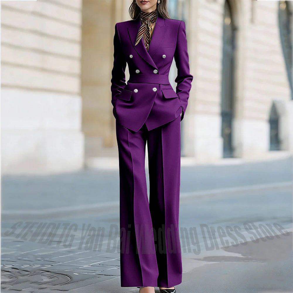 Customized Straight Women's Suits Two Pieces Classic Double Breasted Solid Color High Street Business Casual Office Suit Set