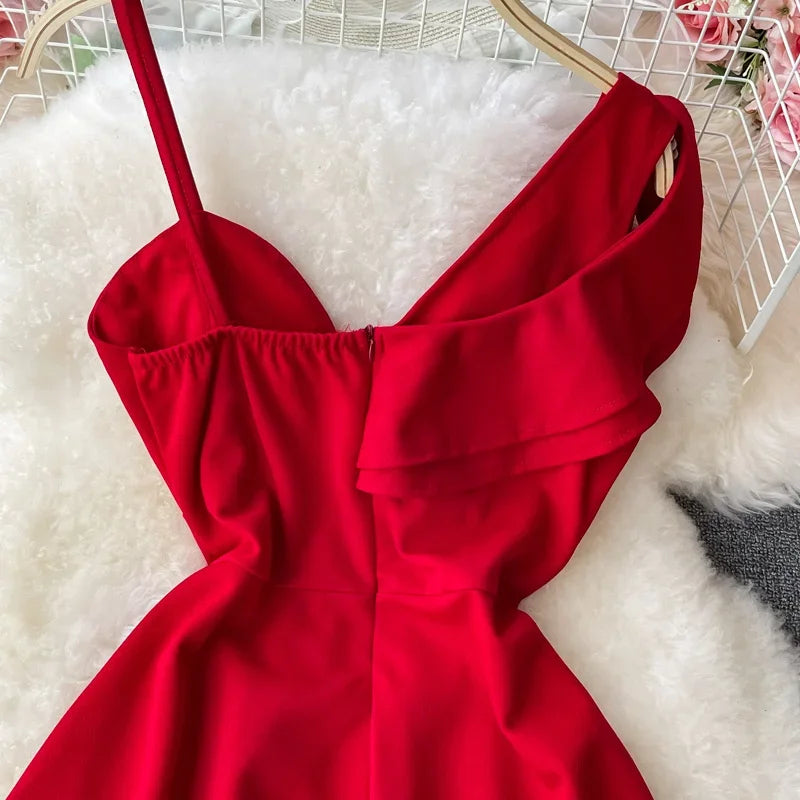 Ins Fashion Sexy Backless One Shoulder Strap Club Dress Chic High Waist A-line Mini Dress Women Red Party Dress