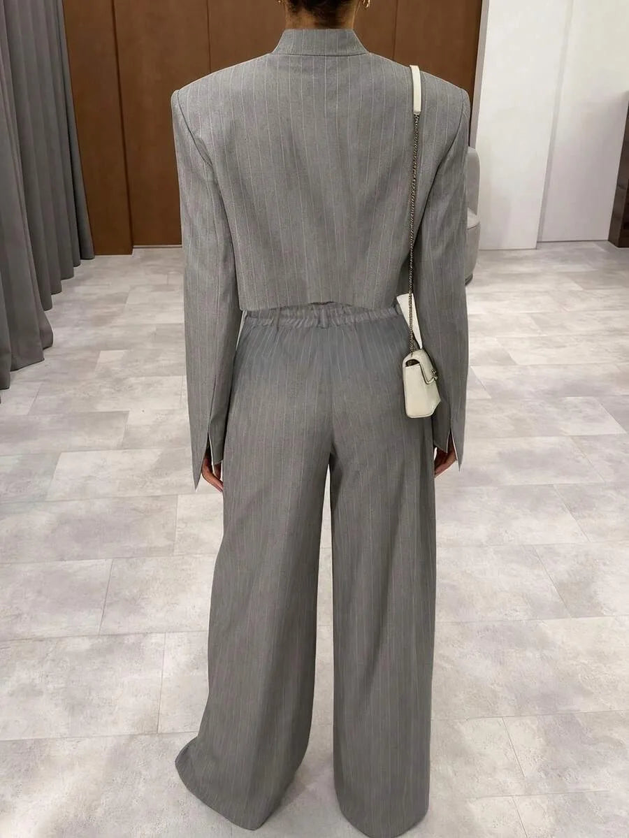 2026 New Gray Stripe Short Suit Jacket Top Loose Wide Leg Pants Two Piece Casual Women Fashion Suit Set