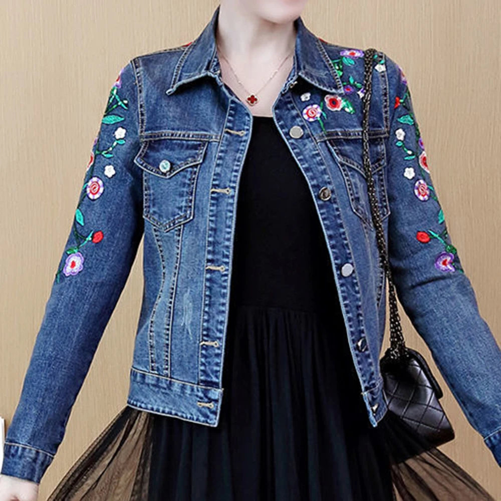 Embroidered denim jacket women's short 2025 spring and autumn new versatile elastic slim denim jacket Korean version jacket top