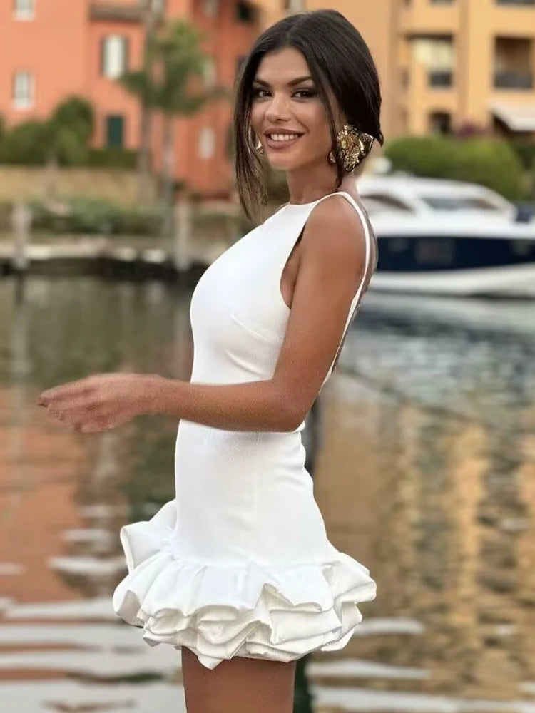 HXAO White Short Dress Women's Ruffle Backless Party Dresses Black Red Sleeveless Bodycon Mini Dress Woman Summer Sexy Vestidos