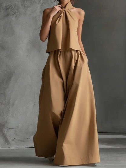 2026 Women Summer Casual Holiday Halter Sleeveless Pullover Top with Wide Leg Pants Two-Piece Set Backless Patchwork Chic Outfit