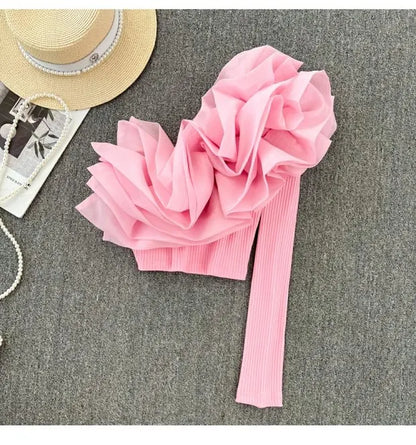 Retro Personali 3D Flower Slant Collar Single oulder Long Sve T-irt Women's Faion ort Sle Belly Button Baring Top