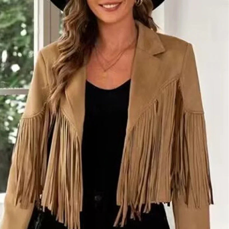 Women's Casual Fringe Cropped Jacket Western Boho Vintage Long Sleeve Zip Up Trendy Autumn Outerwear