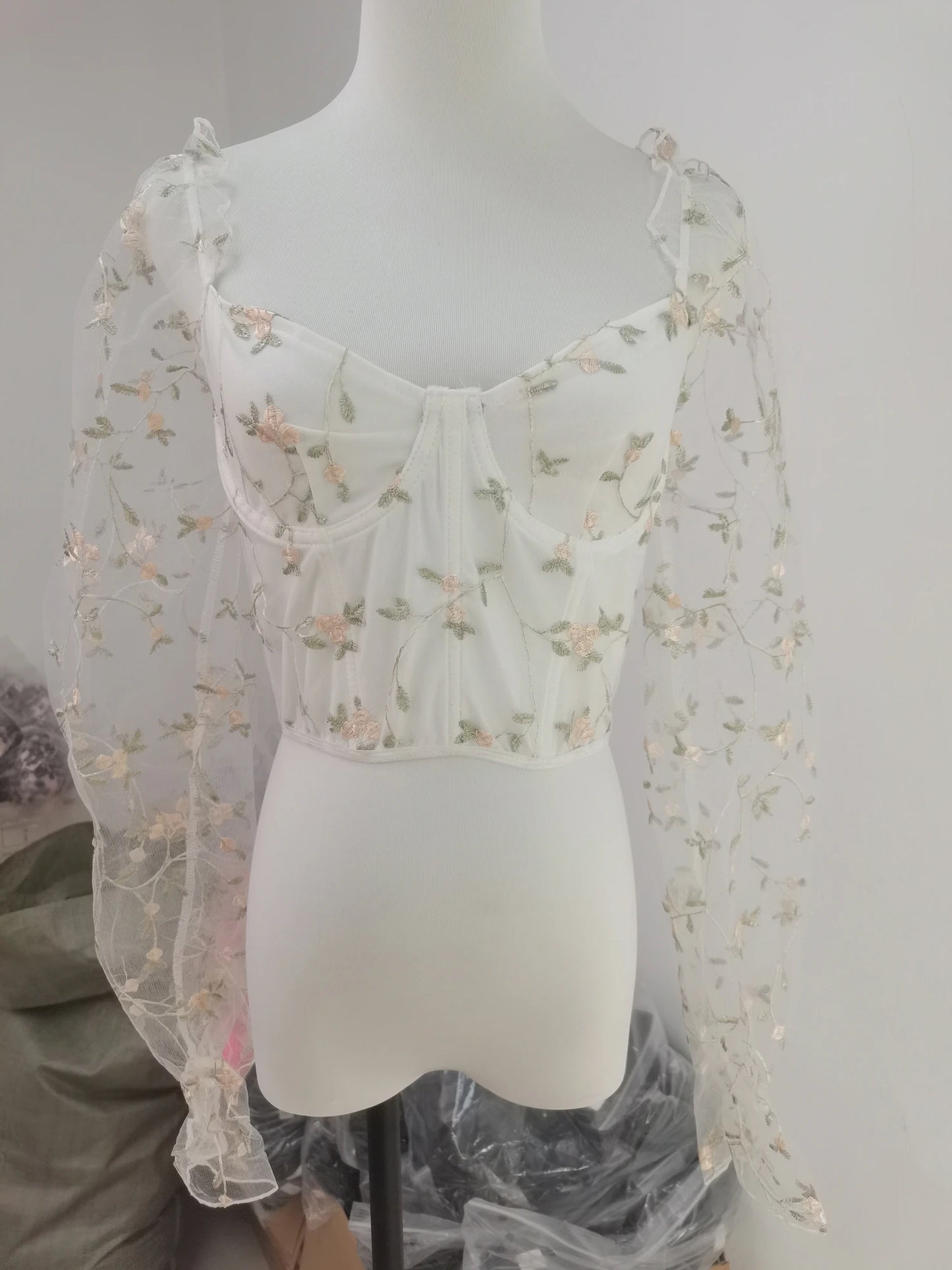 Sexy Spicy Girl Mesh Long Sleeve Corsets Shaper Flower Embroidery Bustiers Fishbone Slim Fit Fashion Versatile Women Corset Top