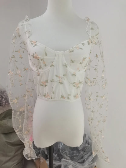 Sexy Spicy Girl Mesh Long Sleeve Corsets Shaper Flower Embroidery Bustiers Fishbone Slim Fit Fashion Versatile Women Corset Top