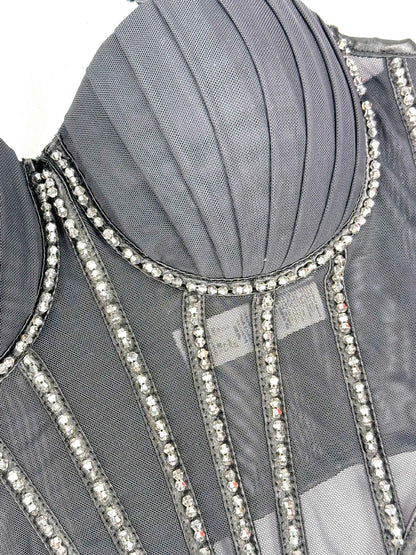 Sexy Mesh Design Camisole Vest Style Ladies Corset Tops with Chest Cushion Sparkling Diamond Decoration Fishbone Lingerie Tops
