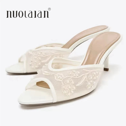 2026 String Bead Mesh Embroider Slingback High Heels Women Sexy Peep Toe Heeled Sandals Summer Elegant Luxury Designer Shoes