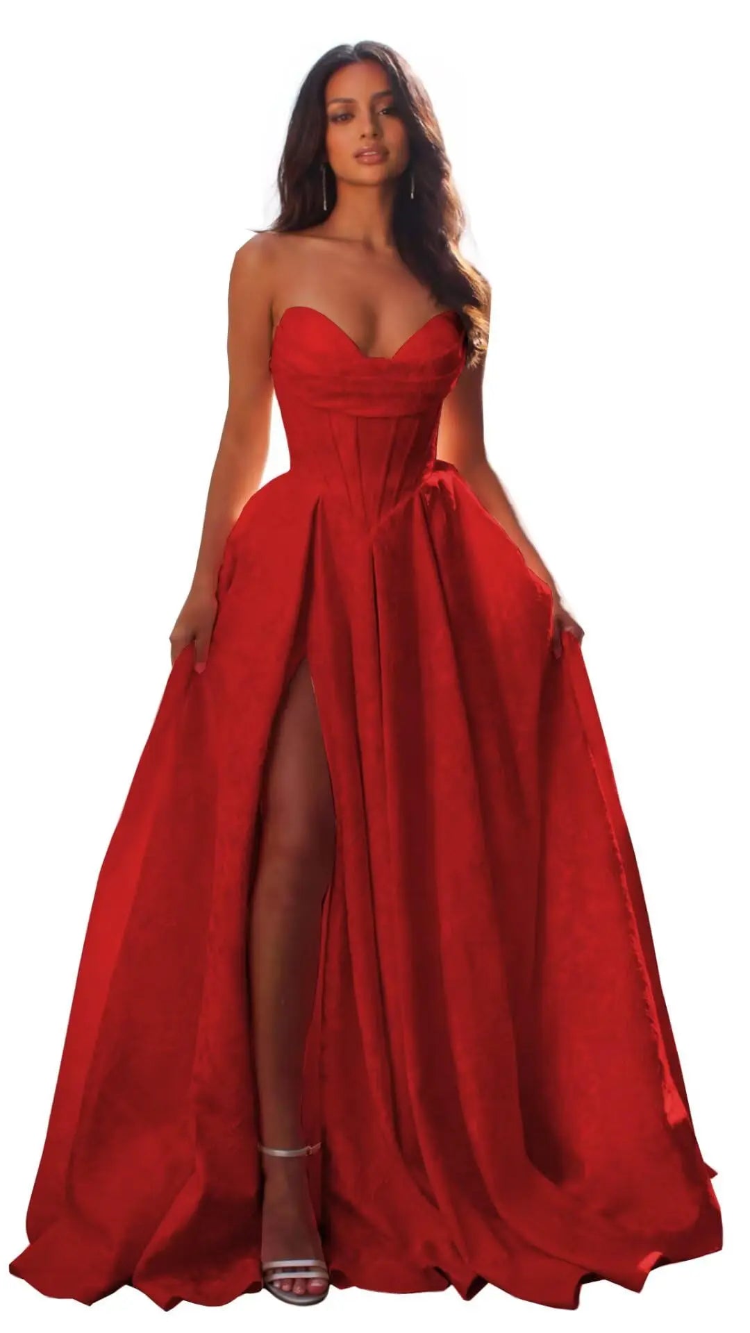 Women Elegant Jacquard Satin Prom Dresses with Slit Strapless Corset A Line Long Formal Gowns Evening Gowns Party Dresses