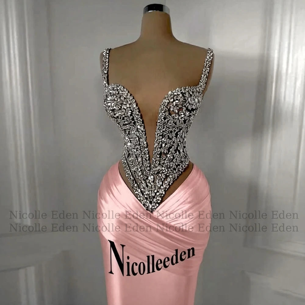 Nicolle Charming Spaghetti Straps Evening Dresses for Women Rhinestones Pageant Celebrity Dresses Vestidos De Gala Customized