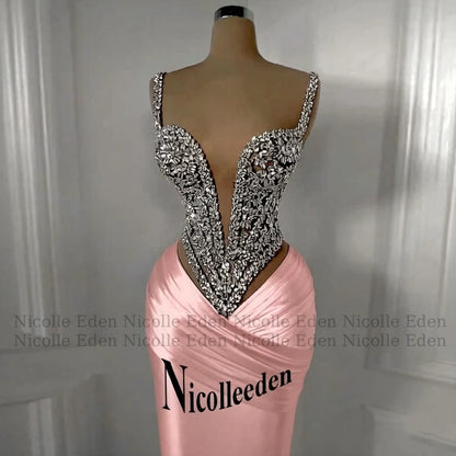 Nicolle Charming Spaghetti Straps Evening Dresses for Women Rhinestones Pageant Celebrity Dresses Vestidos De Gala Customized