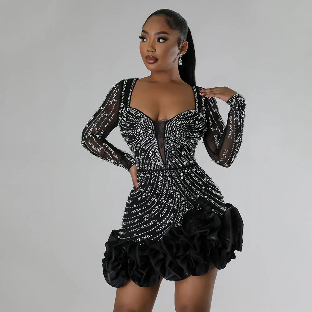 CM.YAYA Spring Women Long Sleeve Ruffles Hot Drilling Bead Short Dress Sexy Night Club Evening Birthday Mini Dresses Vestidos