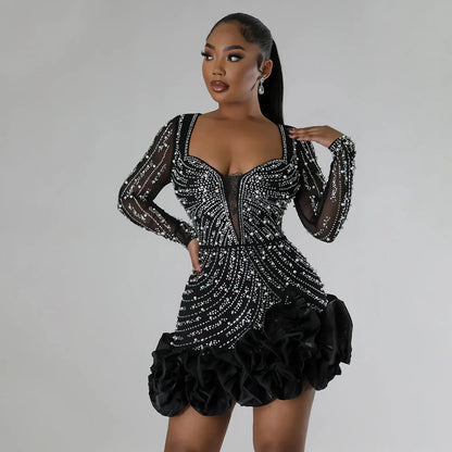 CM.YAYA Spring Women Long Sleeve Ruffles Hot Drilling Bead Short Dress Sexy Night Club Evening Birthday Mini Dresses Vestidos