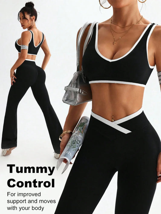 Womens One Piece Yoga Set Tummy Control Fitness Outfit Color Blocking Wide Strap with V Waist Flared Pants 2 Piece