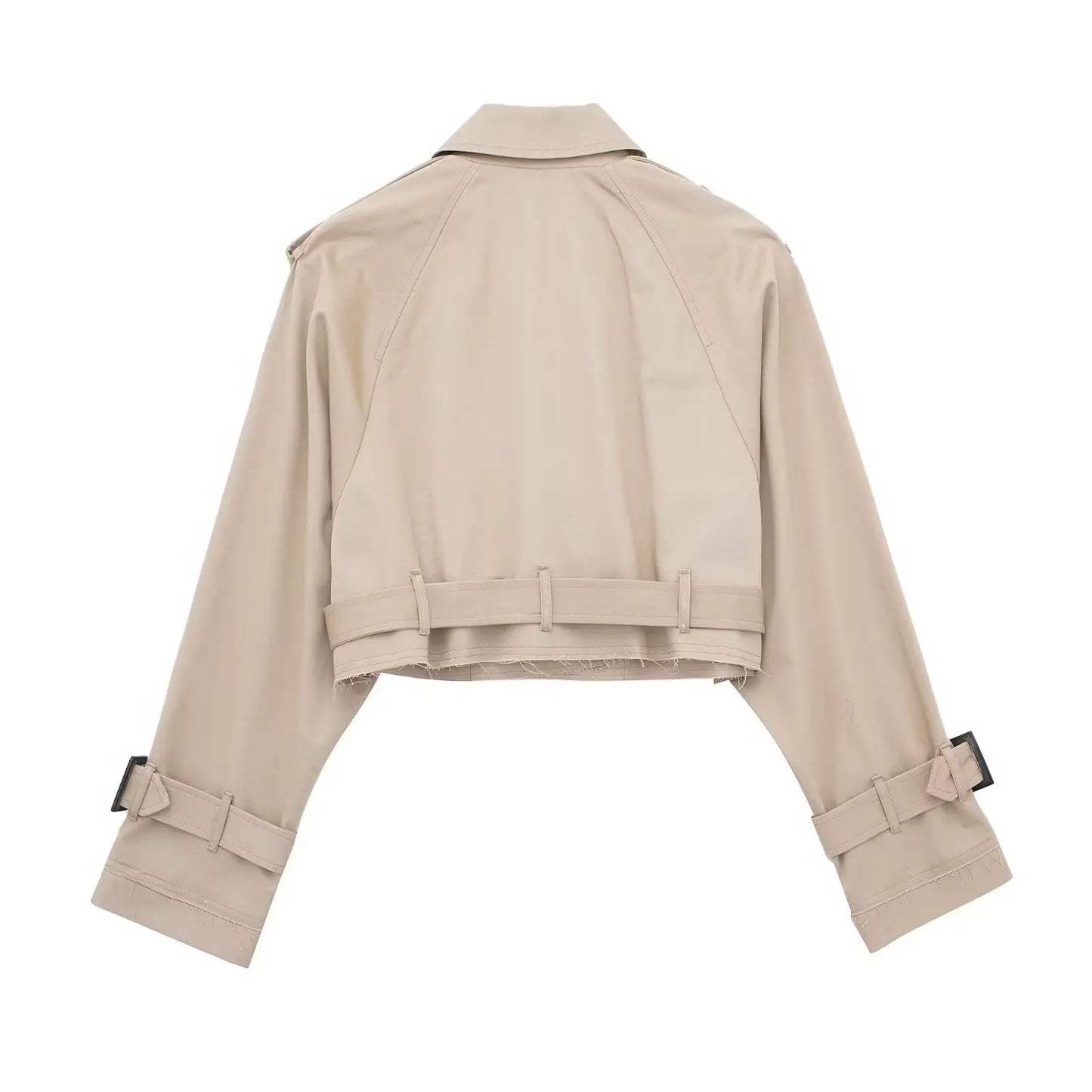 HH 2025 Women Belt Cropped Trench Spring Jacket Vintage Streetwear Double Breasted Long Sleeve Top Female Coat Outfits