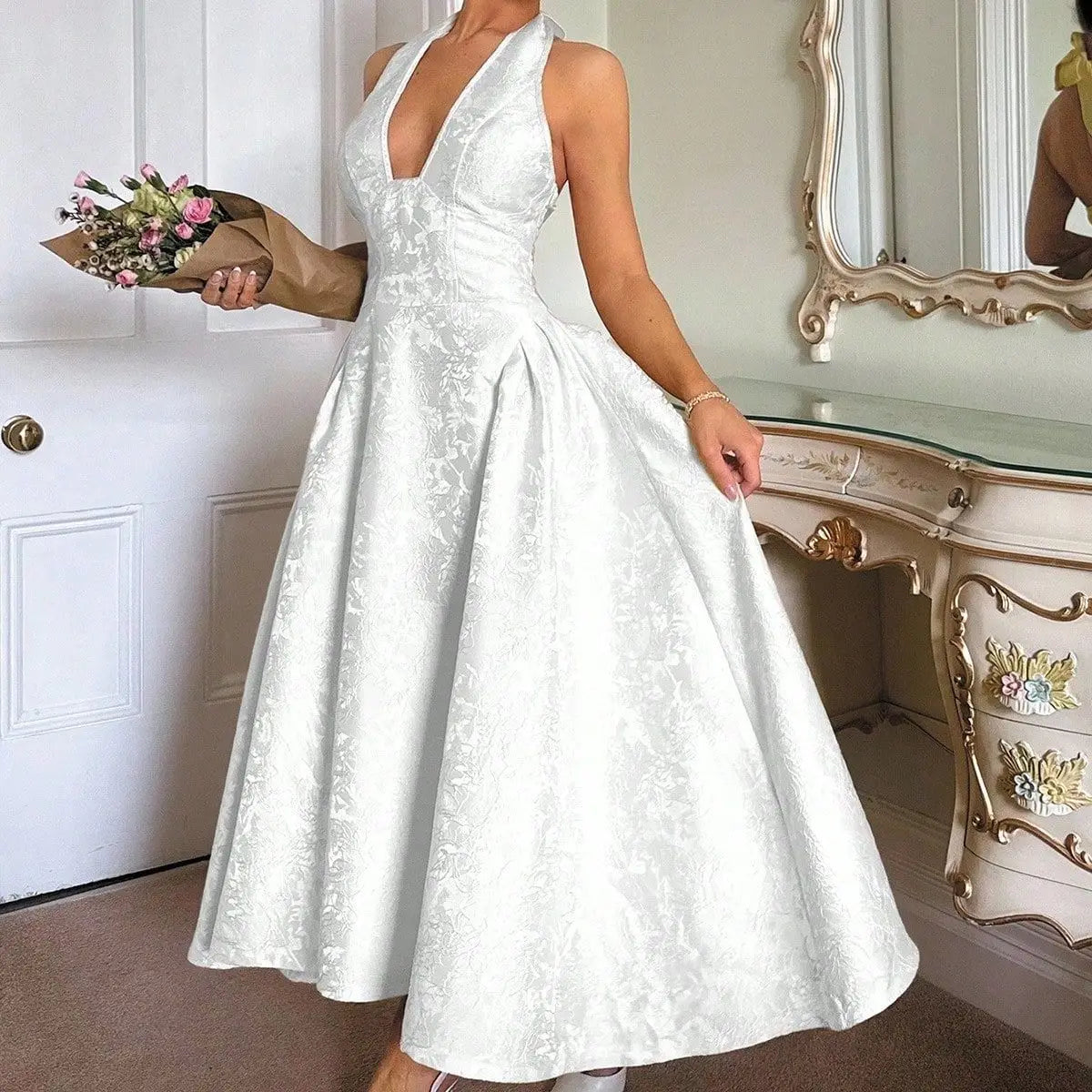 Evening Party Dresses Women Summer Sexy Bow Halter Long Dress Elegant Jacquard Lace Up Backless Birthday Robe
