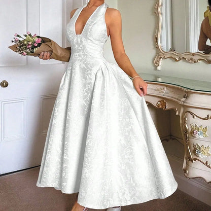 Evening Party Dresses Women Summer Sexy Bow Halter Long Dress Elegant Jacquard Lace Up Backless Birthday Robe