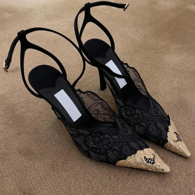 2026 Fashion Lace Sequin Hollow Out Mesh Women Pumps Sexy Pointed Toe Designer Low Heels Slingback Sandals Ladies Shoes