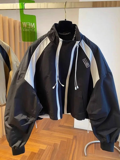 Design  niche loose casual stand up collar trench coat, women's spring and autumn short jacket double zipper