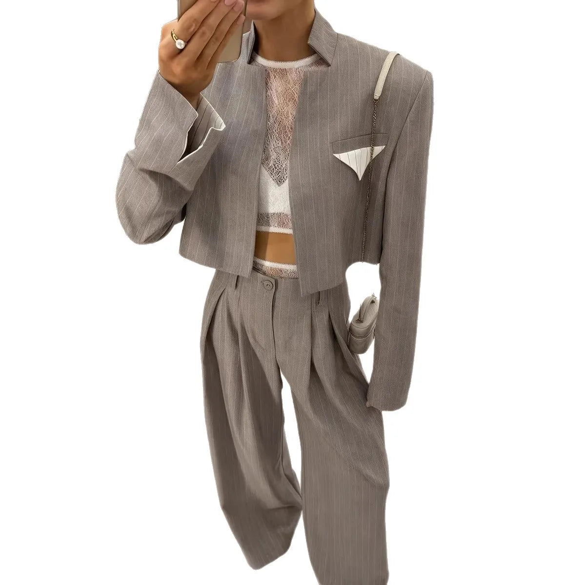 2026 New Gray Stripe Short Suit Jacket Top Loose Wide Leg Pants Two Piece Casual Women Fashion Suit Set