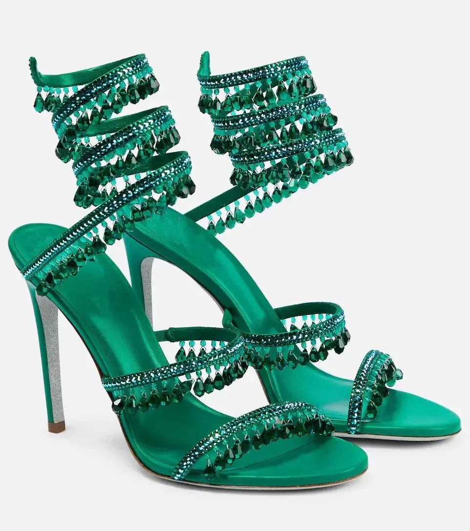 2024Women's New Water Diamond Sandals Fashion Tassel Crystal Shoes Sexy Banquet Party Twin Stiletto Women's Large Sandals