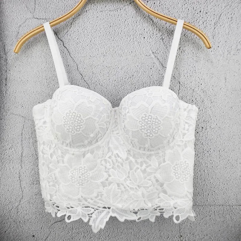 Women Crocheted 3D Lace Corset Stylish Floral Embroidery Bustier Push Up Bra Lady Tank Top Elegant Cropped Top Club Party Bralet