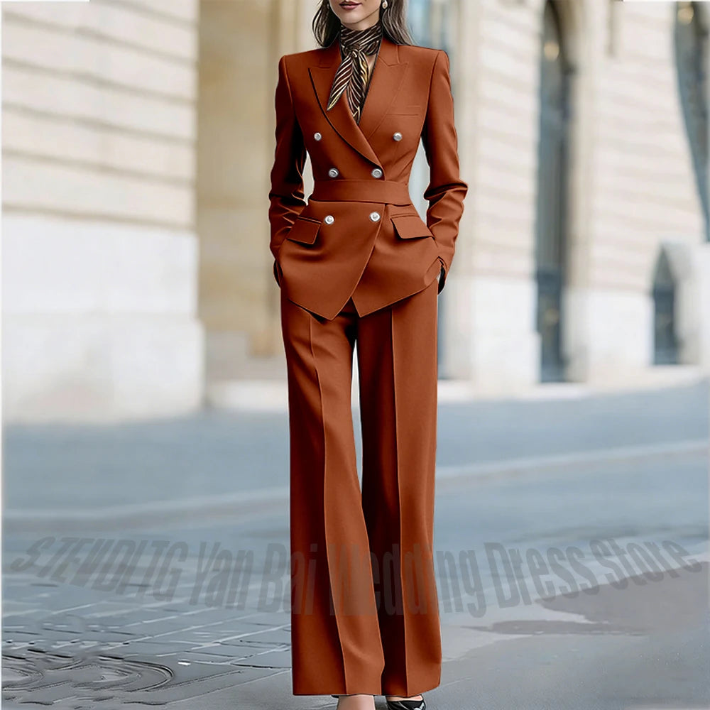 Customized Straight Women's Suits Two Pieces Classic Double Breasted Solid Color High Street Business Casual Office Suit Set