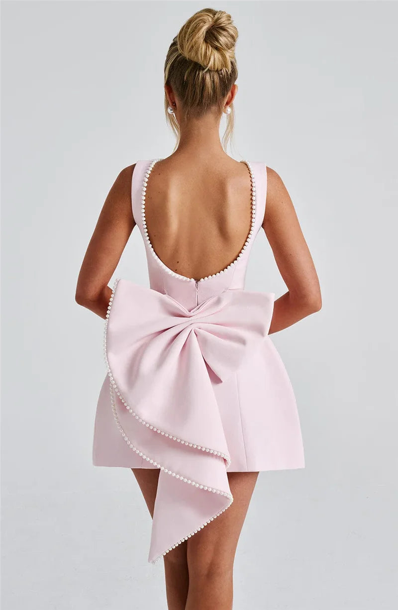 Mozision Pearl Bow Backless Sexy Mini Dress For Women Robe Fashion Zipper Sleeveless High Waist A-line Club Party Dress Elegant