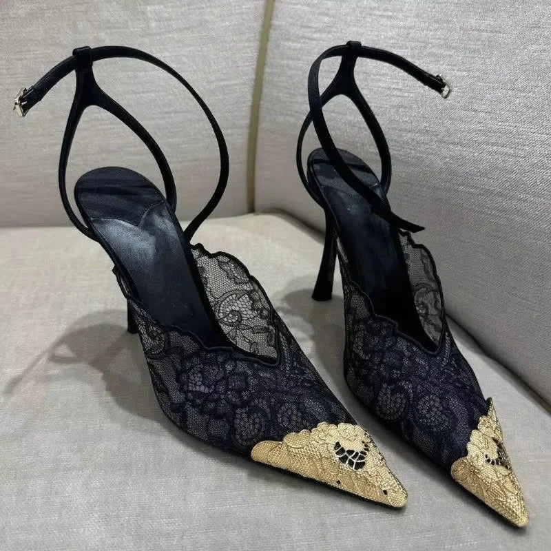 2026 Fashion Lace Sequin Hollow Out Mesh Women Pumps Sexy Pointed Toe Designer Low Heels Slingback Sandals Ladies Shoes