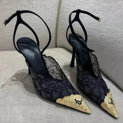 2026 Fashion Lace Sequin Hollow Out Mesh Women Pumps Sexy Pointed Toe Designer Low Heels Slingback Sandals Ladies Shoes