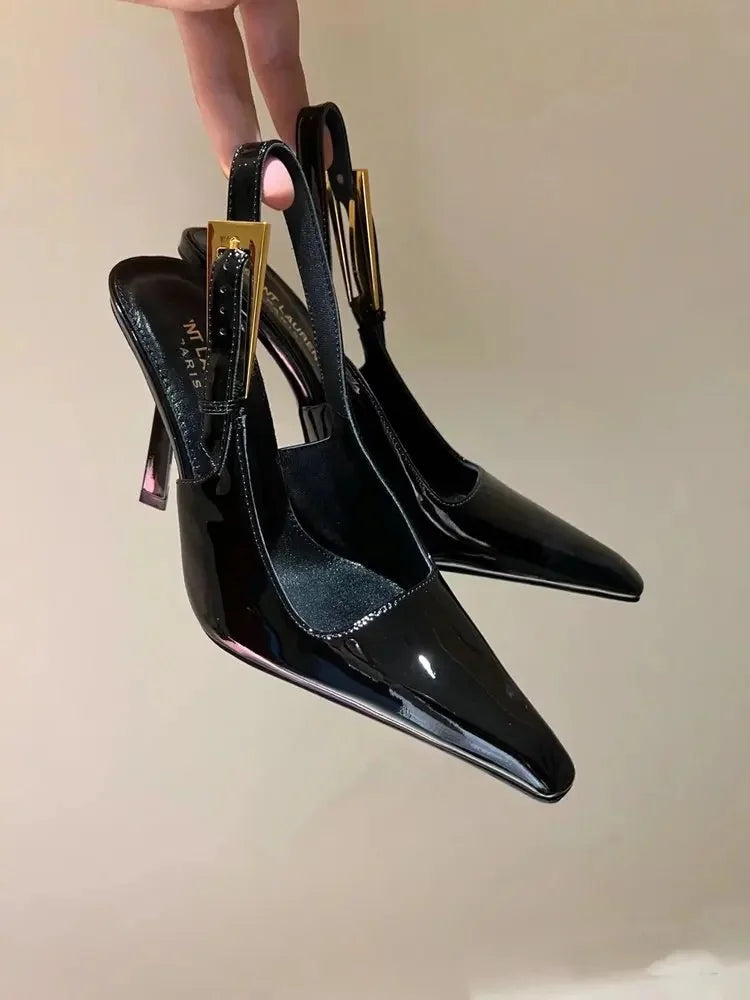 Black Pointed Toe High Heels Thin Heel Metal Cap Sandals Women's Shoes Elegant Painted Leather Sexy Fine Heel New 2025
